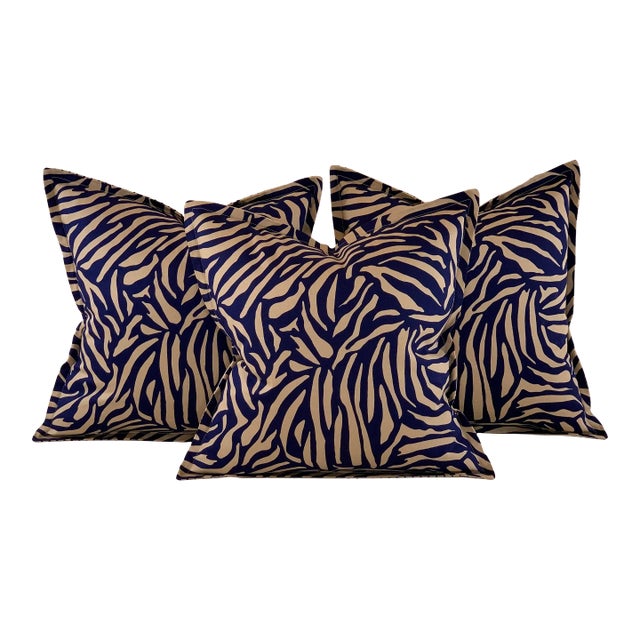 Designer Vicki Payne Free Spirit Navy Blue & Taupe Brown Zebra Animal Print Pillow Covers- 3 Pieces For Sale