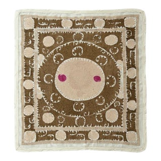 Boho Embroidered Neutral Tan Suzani Wall Decor, 4'8'' X 5'4'' For Sale