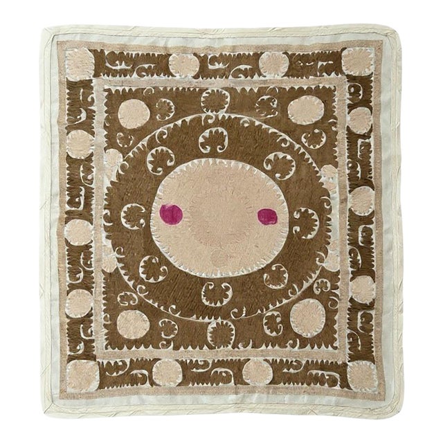Boho Embroidered Neutral Tan Suzani Wall Decor, 4'8'' X 5'4'' For Sale