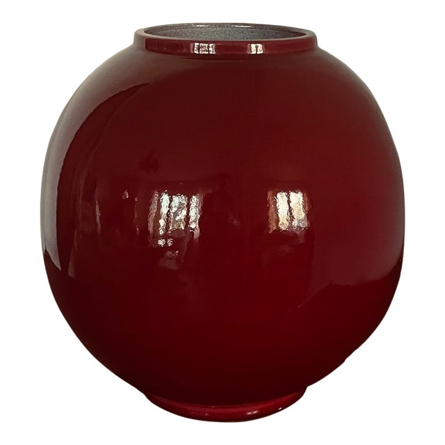 Large Mid 20th Century Round Oxblood Red Ceramic Mid Century Vase For Sale