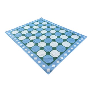 Handmade Cotton Area Rug, Vegetable Dyed Sky Blue, Cream and Green Swedish Tile Dhurrie-8'x10' For Sale