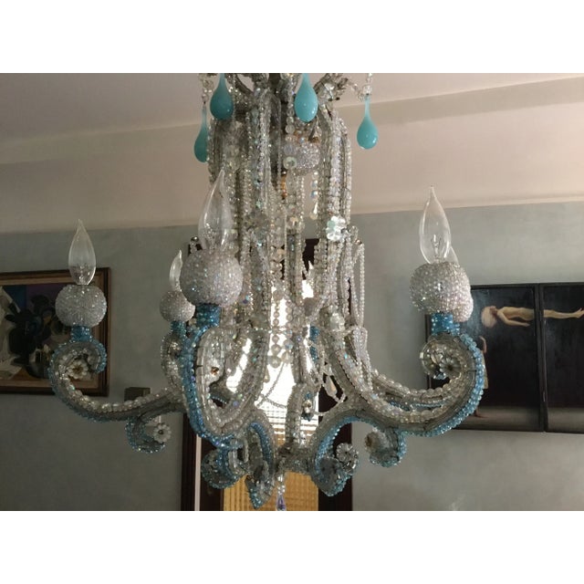 Hollywood Regency Decorative Crystal & Turquoise Glass Beaded Chadelier For Sale - Image 3 of 4