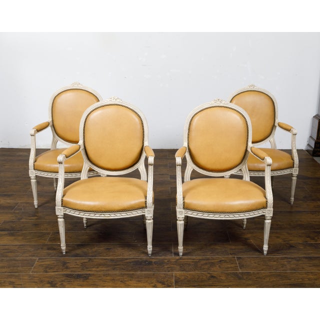 Early 20th Century Set of Four French Louis XVI Style 1900s Oval Back Painted and Carved Armchairs For Sale - Image 5 of 12
