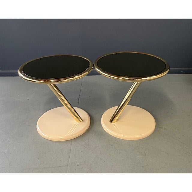 Brass Vintage Pair of Casprini Italian Postmodern Side Tables in Brass, Grey Glass and Lacquer For Sale - Image 8 of 12