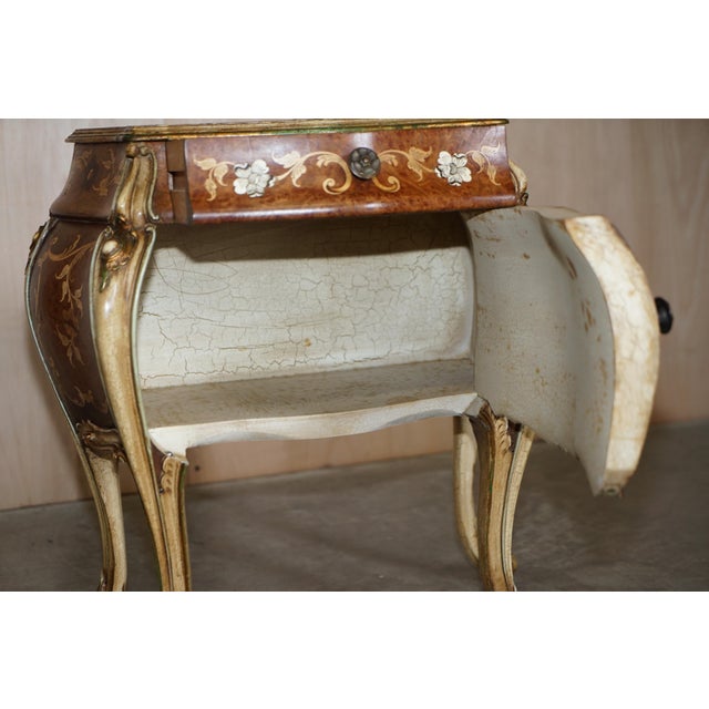 French Marquetry Inlaid Walnut & Marble Bedside Tables with Drawers, Set of 2 For Sale - Image 10 of 18