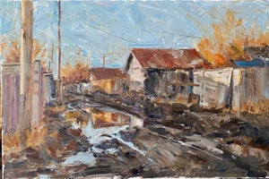 After the Flood by Clyde Steadman | Oil on canvas depicting a rural landscape after a flood.