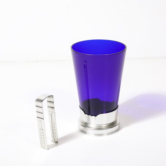 1930s Art Deco Ice Bucket in Blue Glass W/ Aluminum Base & Tongs Signed Kensington For Sale - Image 14 of 16