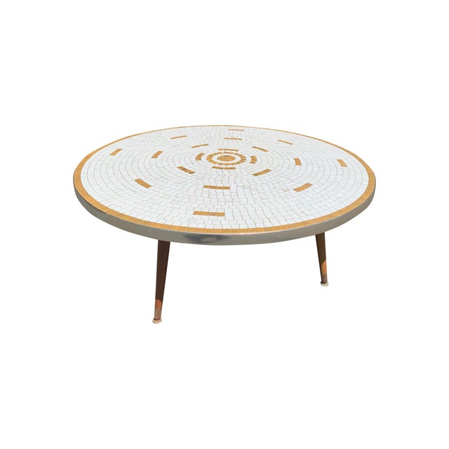 1950s Mid Century Modern Vintage Mosaic Tile Top Round Coffee Table in
