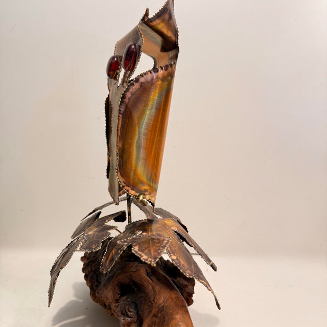 1970s Brutalist Copper Metal Owl Sculpture Perched on Driftwood With Leaves For Sale In Tampa - Image 6 of 11
