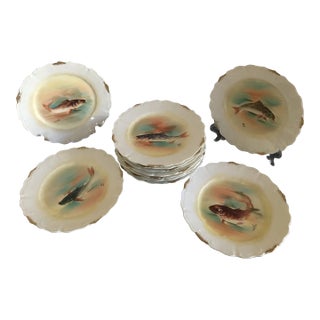 Antique Limoges Ldbc France Porcelain Decorative Fish Pattern Plates- Set of 11 For Sale