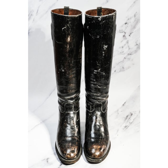 Stately Antique English Black Leather Horse Riding Boots With Wood Trees Equestrian Country Home Decor For Sale - Image 9 of 12