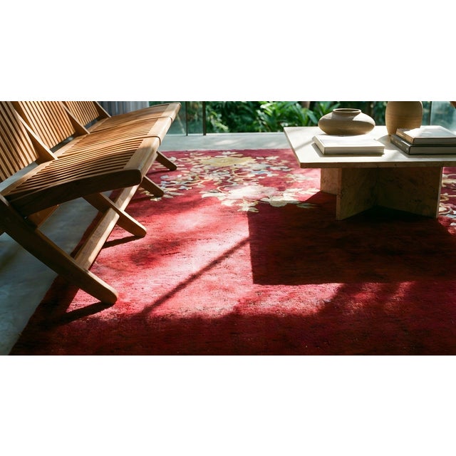 1930s Ruby Red Modern Floral Antique Chinese Art Deco Carpet 8'10" X 11'8" Knotted Wool Rug For Sale - Image 10 of 12