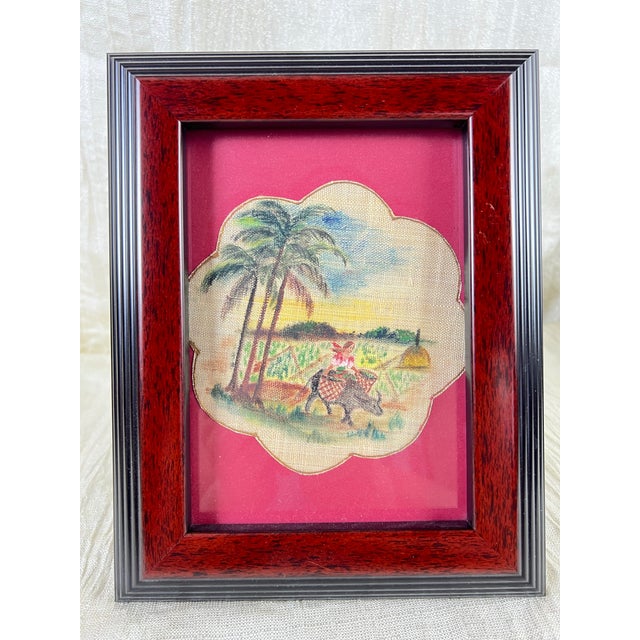 Vintage Tropical Burlap Folk Art Gallery Wall, Set of Six Framed Hand-Painted Village Scenes For Sale - Image 4 of 12