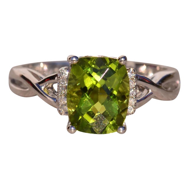 The 36th Avenue: Checkerboard Cut Peridot and Diamond Ring in White Gold For Sale