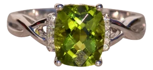 The 36th Avenue: Checkerboard Cut Peridot and Diamond Ring in White Gold