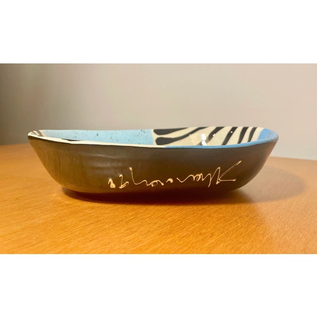 Blue and black Splatter glazed slab dish. Two blue corners with black splatters and two corners in white with black drip...