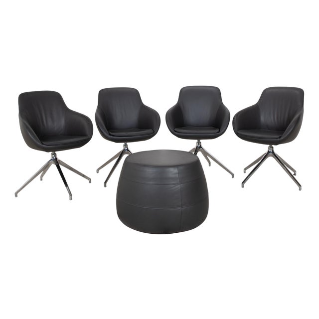 Leather Chairs and Ottoman in Brown and Grey from Signet Mailo, Set of 5 For Sale