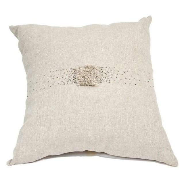 Linen Pillow in Beige with Beaded Center For Sale