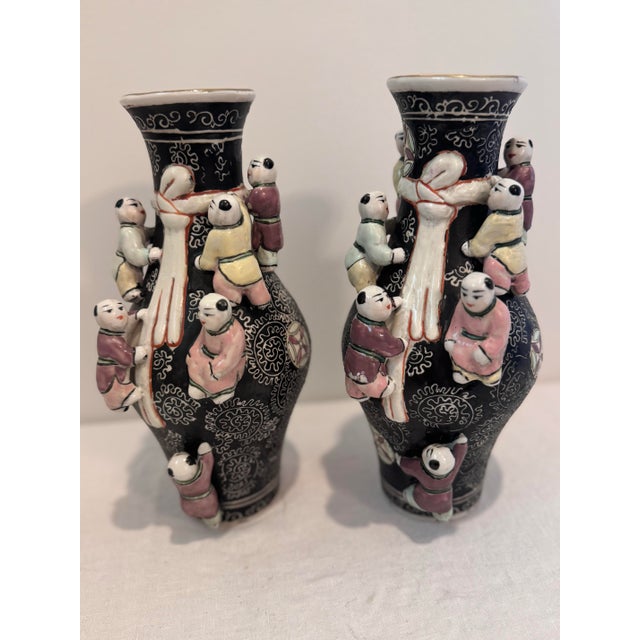 Pair of Vintage Chinese Fertility Vases With Applied Children Hundred Boys For Sale - Image 12 of 12