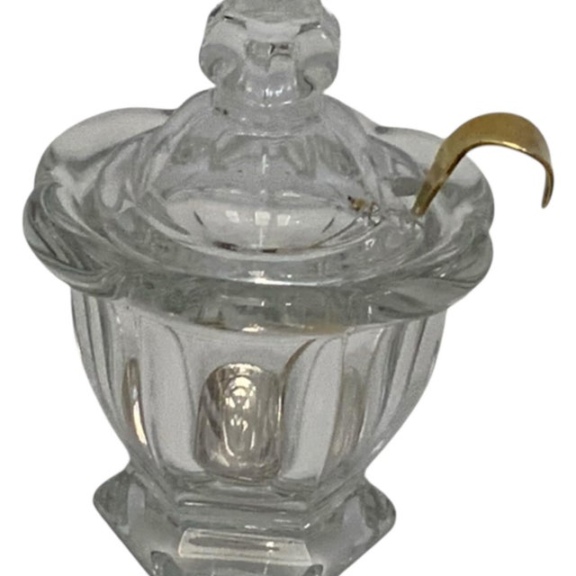 Glass Vintage Baccarat Harcourt Missouri Crystal Mustard Jam Condiment Jar With Gold-Plated Spoon France C. 1960-1980s For Sale - Image 7 of 7