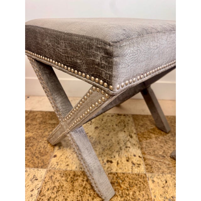 Pair of Early 2000s Faux Crocodile X-Base Benches With Nailhead Trim For Sale In West Palm - Image 6 of 10
