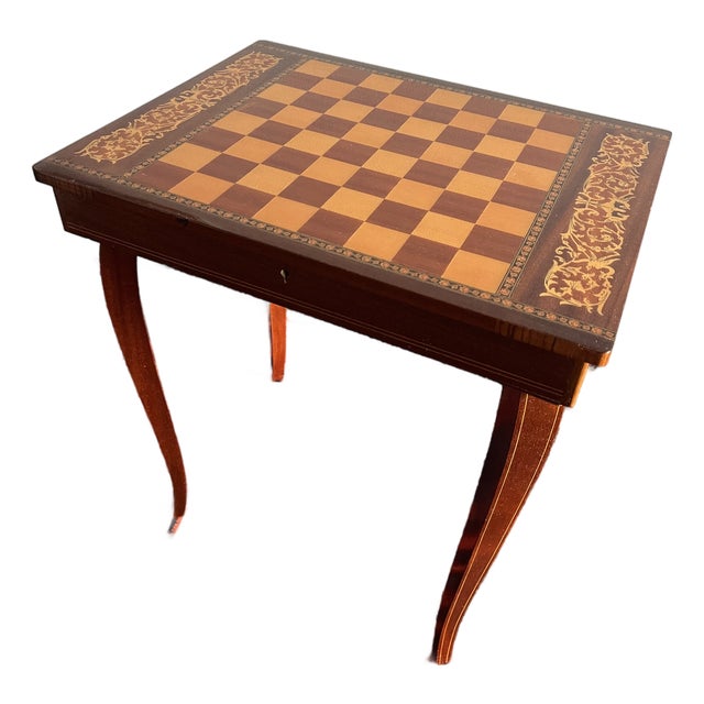 1960s Mid Century Italian Side Table - Chess Table Inlaid Marquetry Music Box For Sale