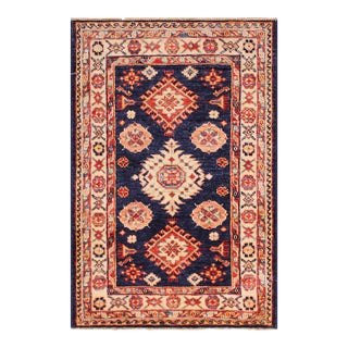 Bohemian Super Kazak Blue/Beige Wool Rug - 2'1'' X 3'2'' For Sale