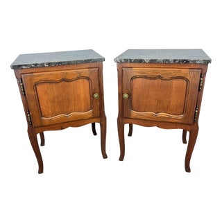 Vintage French Oak Bedside Tables with Marble Top, Set of 2 For Sale