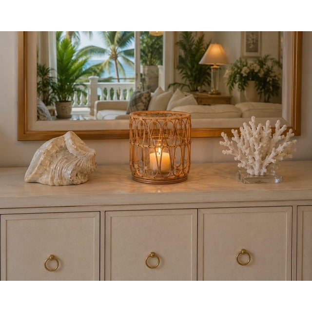 Vintage Woven Rattan & Glass Hurricane Candle Holder For Sale - Image 9 of 12
