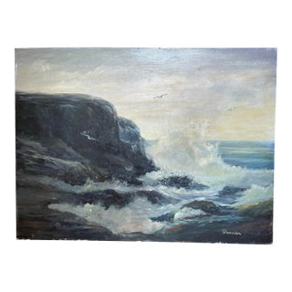 Vintage Monumental Moody Seascape Impressionist Original Oil Painting on Board, Sky Blue, Charcoal Gray For Sale
