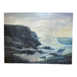 Vintage Monumental Moody Seascape Impressionist Original Oil Painting on Board, Sky Blue, Charcoal Gray