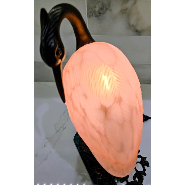 Metal 1996 Tin Chi Heron Art Glass Lamp for Andrea by Sadek on Green Marble Base For Sale - Image 7 of 14