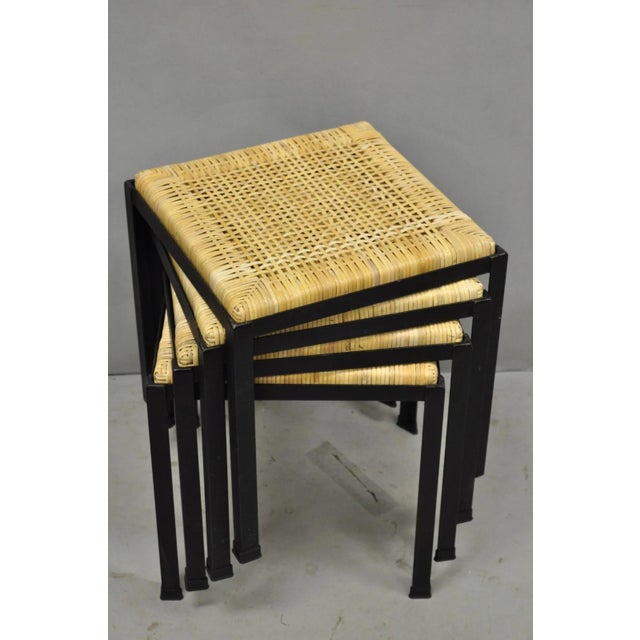 Vintage Mid Century Modern Danny Ho Fong for Tropi-Cal Iron and Cane Side Table Stools - Set of 4. Circa Mid 20th Century....