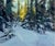 This oil painting captures a serene winter landscape, where snow blankets the ground and trees stand tall, cloaked in...