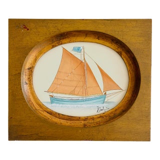 Original Hand-Painted Sailboat Painting in a Vintage Frame For Sale