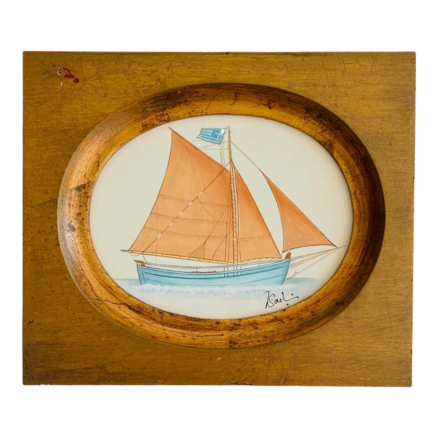 Original Hand-Painted Sailboat Painting in a Vintage Frame For Sale