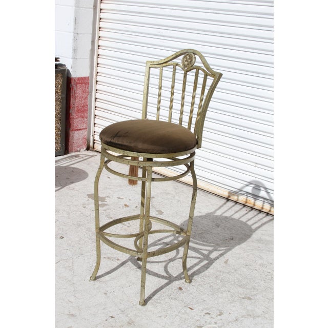 Late 20th Century Metal Green Upholstered Swivel Bar Stools- Set of 3 For Sale - Image 4 of 6