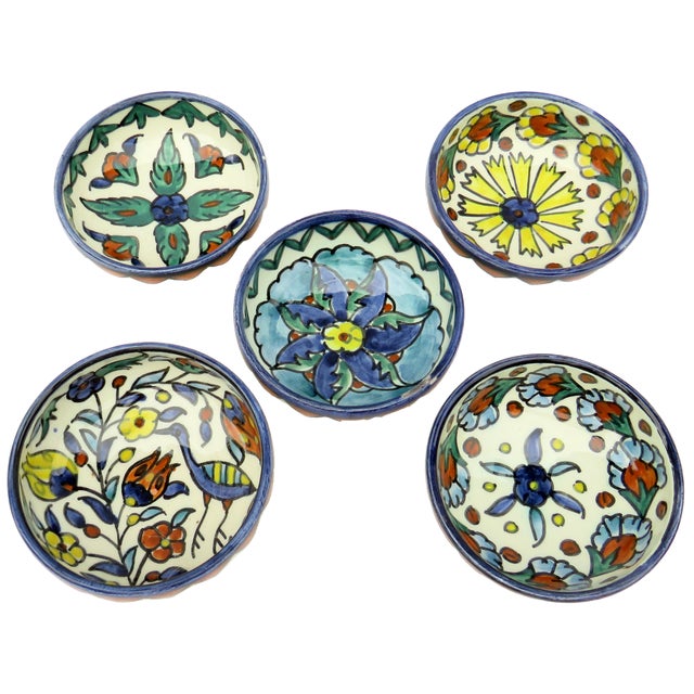Tribal Artisan-Painted Morrocan Style Folk Art Pottery Bowls, S/5 For Sale - Image 3 of 9