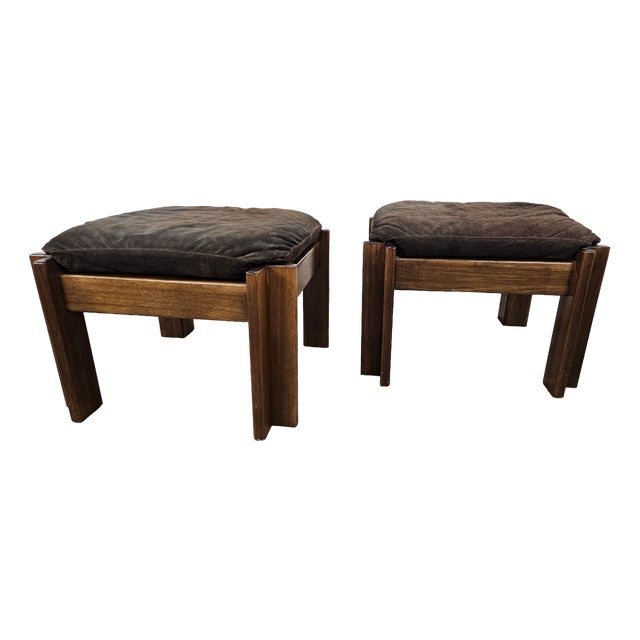 Set of Vintage Walnut Poufs with Padding, 1970 For Sale