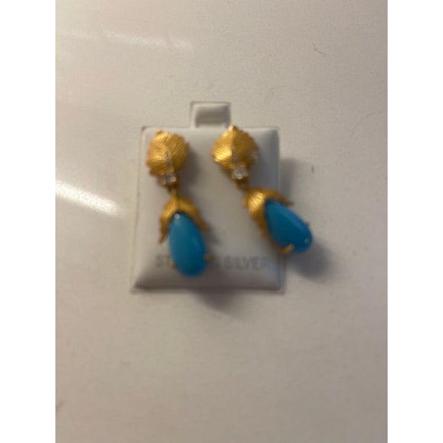 American Gold Leaf /Turq Drop Earings Set With Matching Seed Pearl Necklace, 3 Pieces For Sale - Image 3 of 4