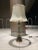Japanese bronze and marble bodied tall table lamp, with large original silk shade, brought back from Marine Commander...