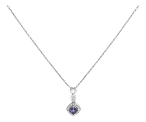10K White Gold Blue Purple Tanzanite and Diamond Accent Cushion Drop Pendant Necklace - 18" Inches