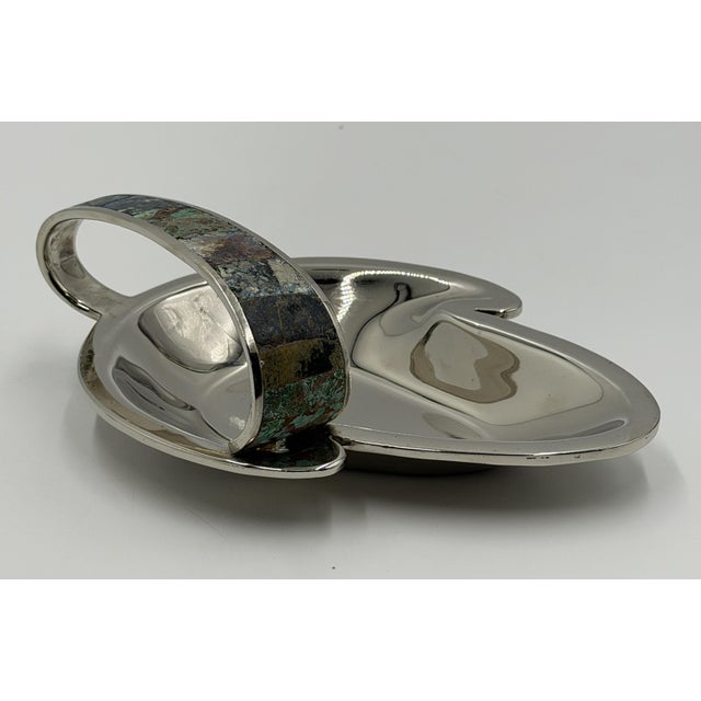 Los Castillo Taxco Silver Plate Malachite & Lapis Catchall Dish, Mexico 1960s For Sale - Image 13 of 18