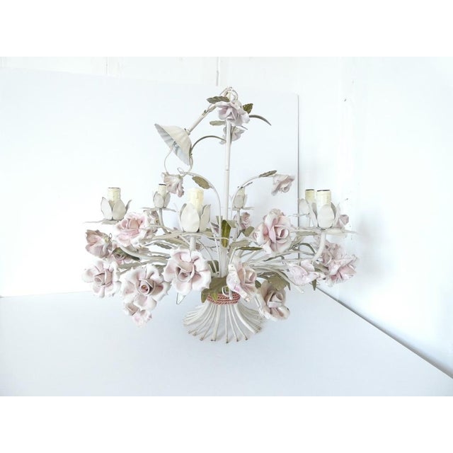 Vintage French Tole Chandelier with Porcelain Roses For Sale - Image 10 of 10