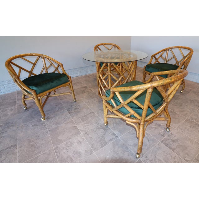 Hollywood Regency Mid-Century Hollywood Regency Ficks Reed Rattan Dining Set With Brass Casters For Sale - Image 3 of 16