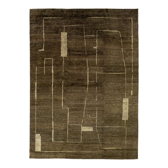 Contemporary Hand-Knotted Espresso Wool Rug With Minimalist Geometric Abstract For Sale