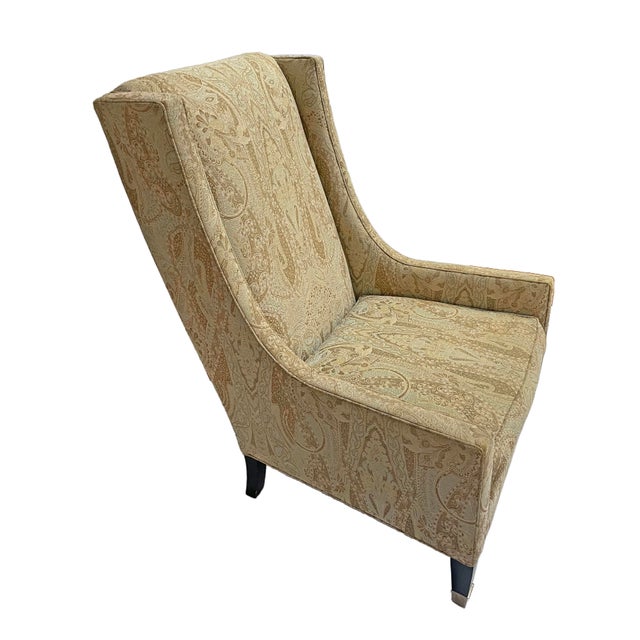 Contemporary Late 20th Century Kravet Wingback Tall Chair Upholstered Beige Paisley Jacquard Navarre For Sale - Image 3 of 10