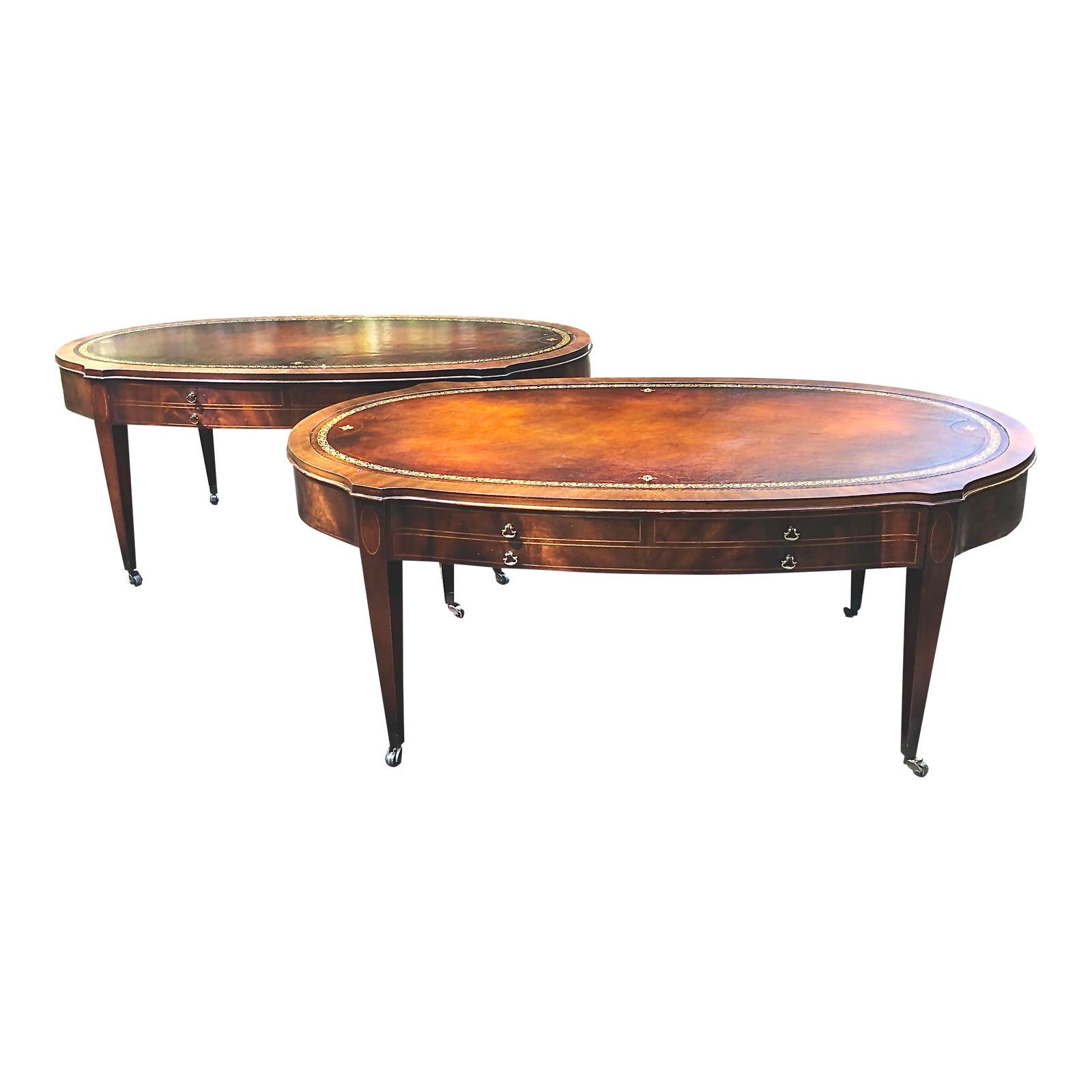 Vintage 1940’s Weiman Heirloom Leather Top Inlaid Coffee Tables a
