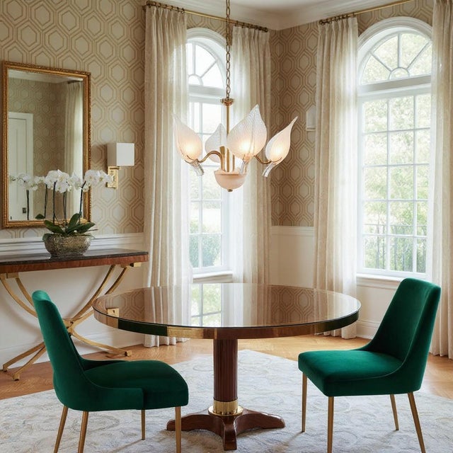 Vintage 80s Postmodern Murano Chandelier — Brass Tone • Frosted Leaf Shades • Five‑Light Fixture A sculptural statement...