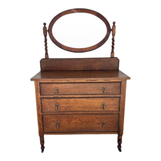 Antique Oak Barley Twist Vanity / 3-Drawer Dresser on Casters With Beveled Swivel Mirror For Sale